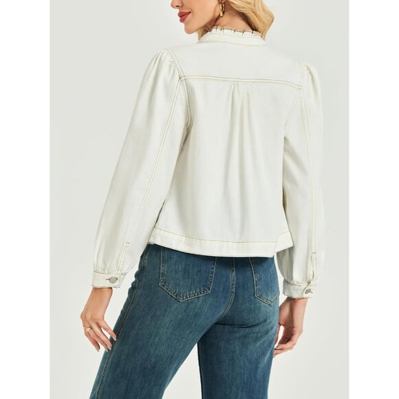 Women Denim Jacket Cotton Blend Puff Sleeve Ruffle Neck Casual Fall - Picture 2 of 7